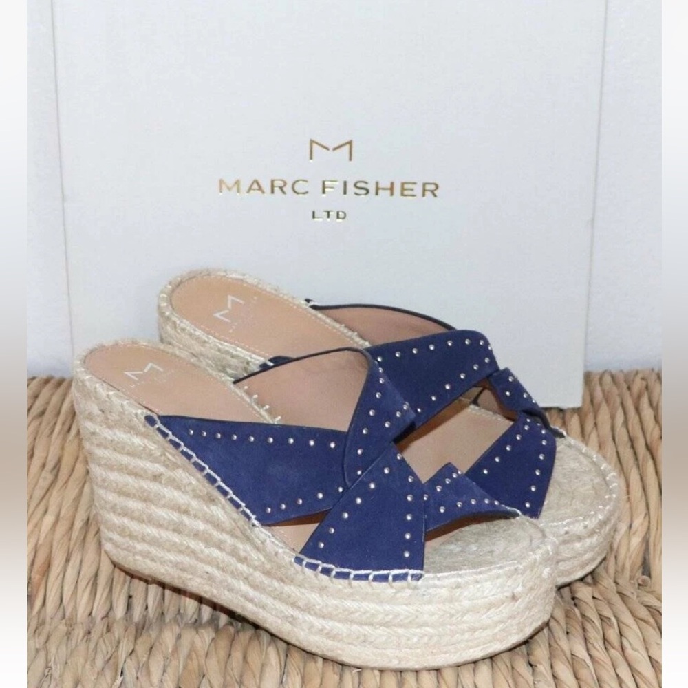 Marc Fisher Angelina Dark Navy Blue Suede Espadrille Wedge Sandals Size 8